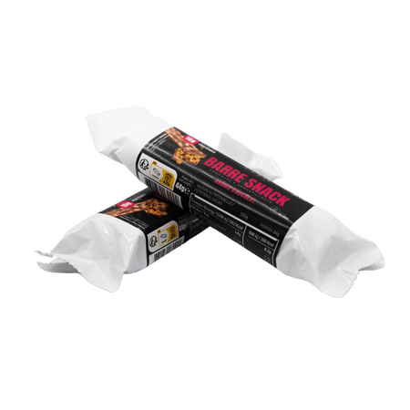 Deux barres Airbar Snack chocolat emballées en noir et blanc avec visuel de barre croustillante au caramel et indication 15 g de protéines sur l’étiquette