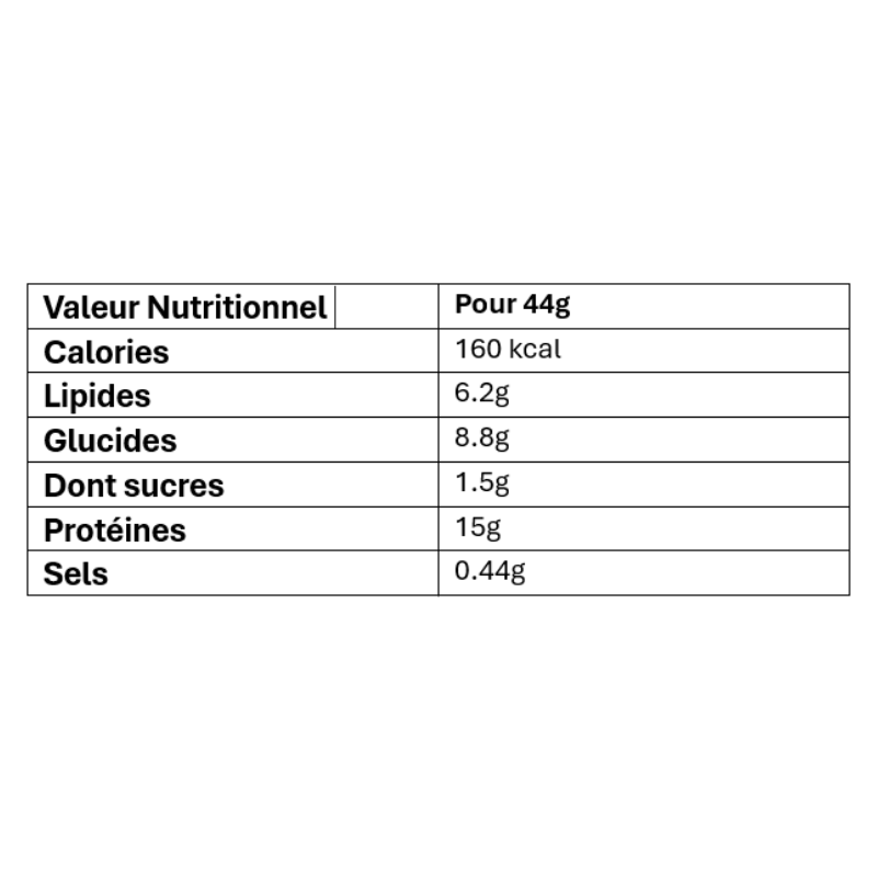Tableau nutritionnel de la barre Airbar Snack chocolat indiquant pour 44 g 160 kcal, 6,2 g de lipides, 8,8 g de glucides dont 1,5 g de sucres, 15 g de protéines et 0,44 g de sel