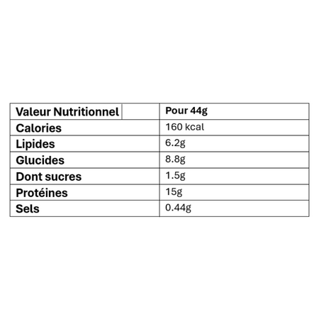 Tableau nutritionnel de la barre Airbar Snack chocolat indiquant pour 44 g 160 kcal, 6,2 g de lipides, 8,8 g de glucides dont 1,5 g de sucres, 15 g de protéines et 0,44 g de sel