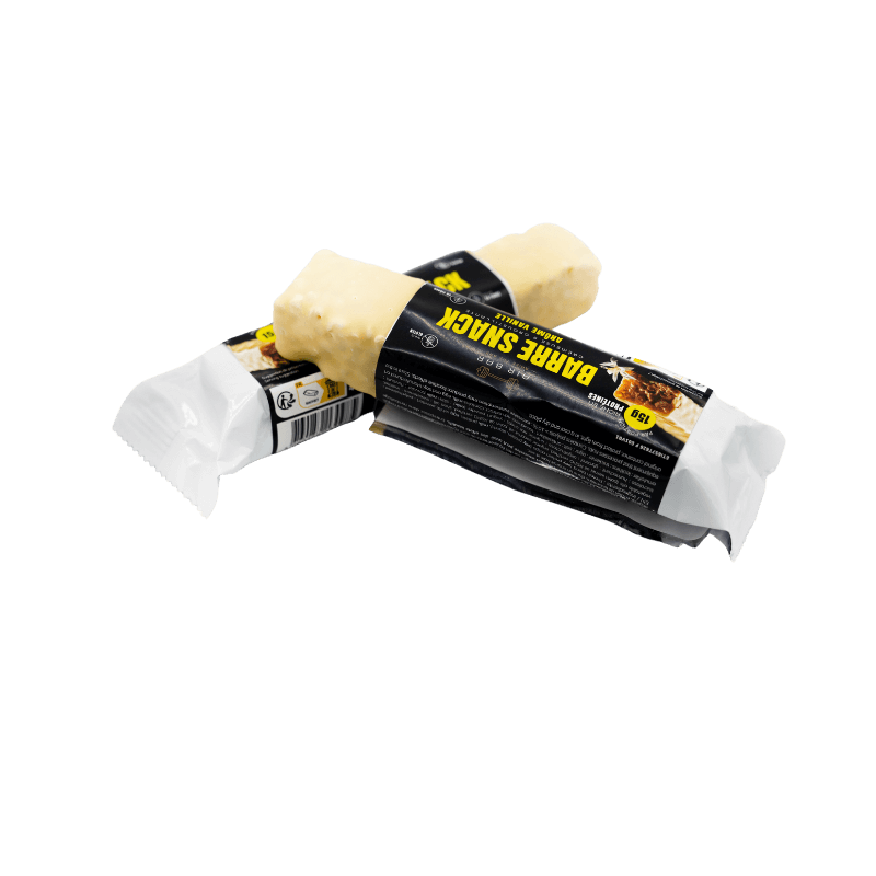 Deux barres Airbar Snack saveur vanille enrobées de chocolat blanc, posées en croix sur leur emballage noir et blanc avec mention 15 g de protéines