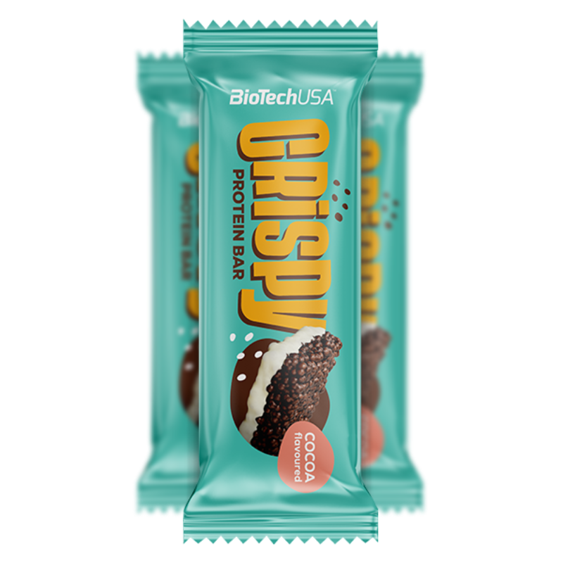 Trois barres protéinées BioTechUSA Crispy saveur cacao avec emballage turquoise, illustrant une barre croustillante enrobée de chocolat et de yaourt