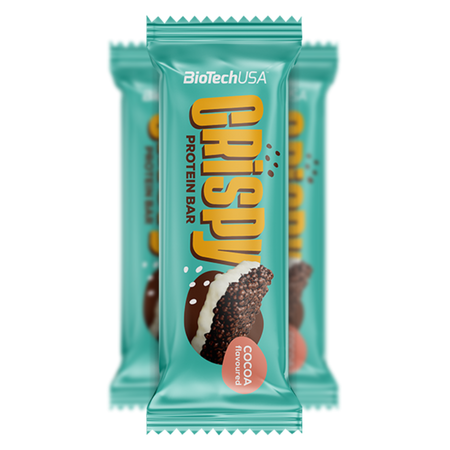 Trois barres protéinées BioTechUSA Crispy saveur cacao avec emballage turquoise, illustrant une barre croustillante enrobée de chocolat et de yaourt