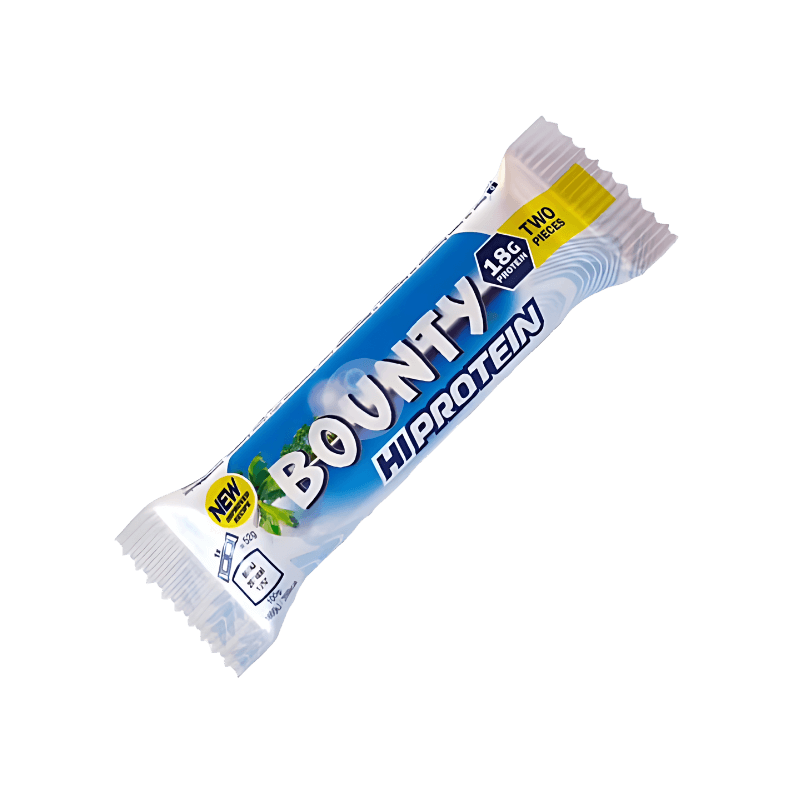 Barre protéinée Bounty Hi Protein en emballage bleu et blanc indiquant 18 g de protéines et contenant deux barres au chocolat et noix de coco