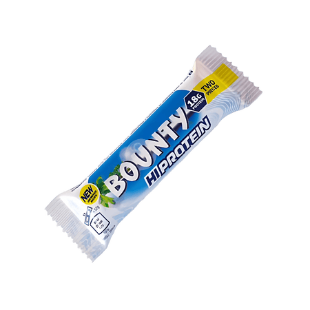 Barre protéinée Bounty Hi Protein en emballage bleu et blanc indiquant 18 g de protéines et contenant deux barres au chocolat et noix de coco