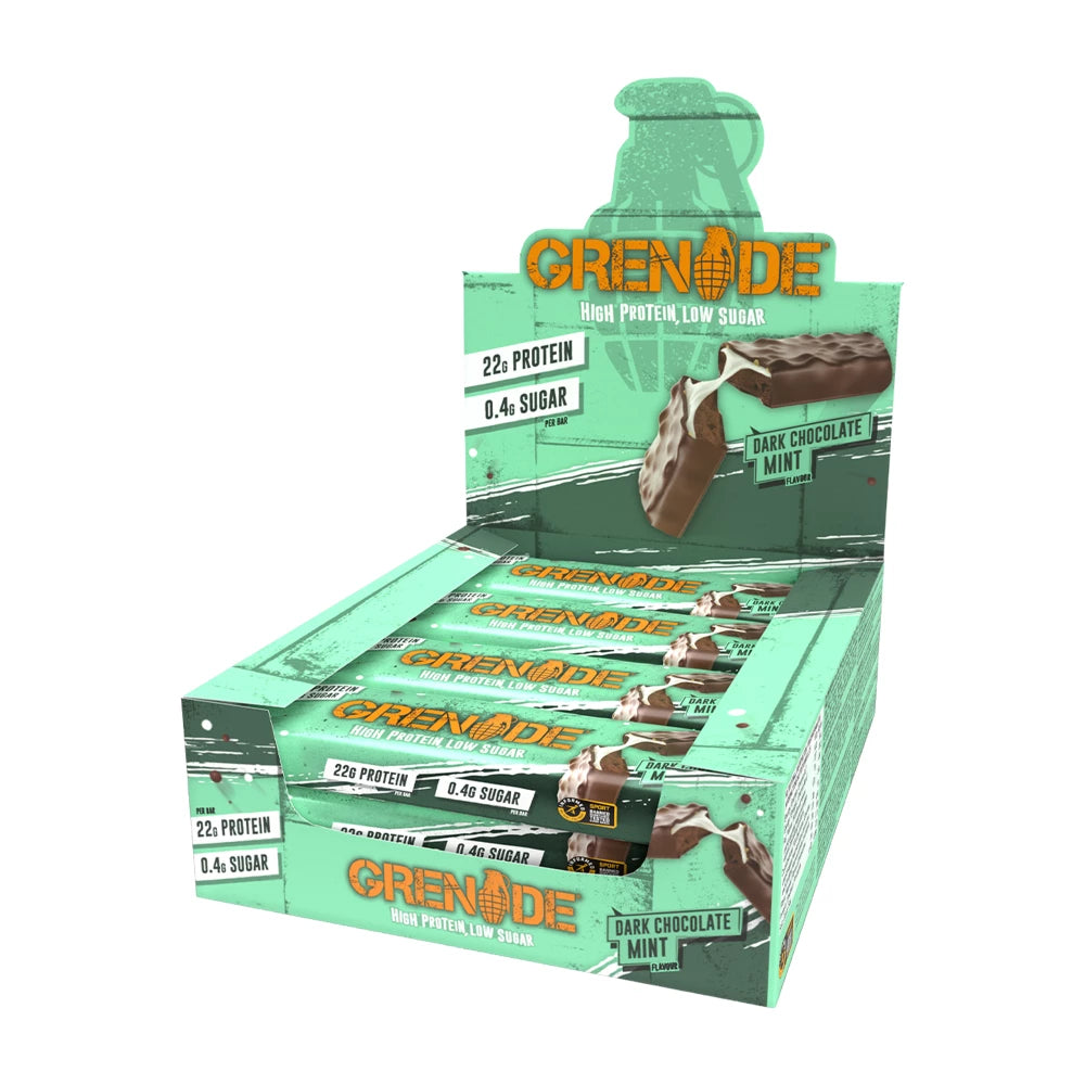 Boîte verte Grenade High Protein Low Sugar saveur Dark Chocolate Mint contenant 12 barres de 60 g apportant 22 g de protéines et 0,4 g de sucre par barre