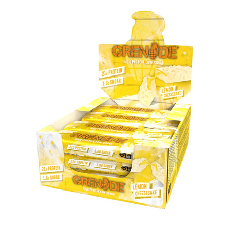 Boîte présentoir Grenade High Protein Low Sugar saveur Lemon Cheesecake contenant 12 barres de 60 g avec 21 g de protéines et 1,6 g de sucre par barre