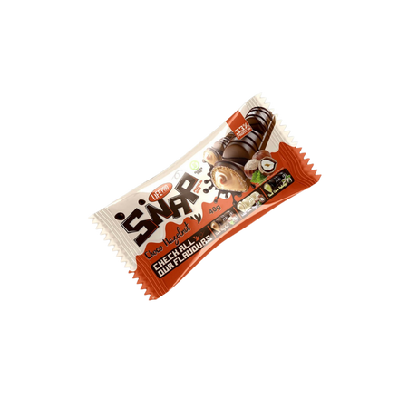 Barre Life Pro SNAP saveur chocolat noisette de 40 g avec garniture crémeuse noisette illustrée sur un emballage beige et orange
