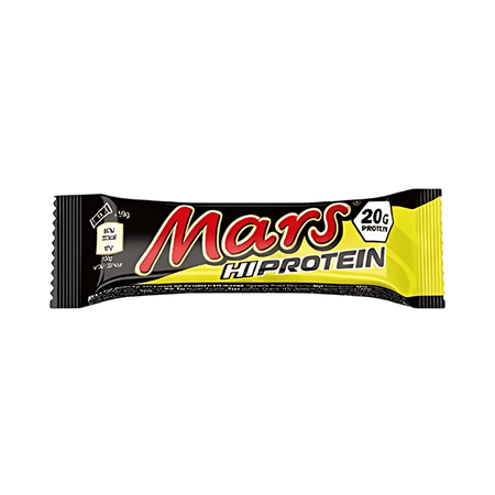 Barre Mars Hi Protein en emballage noir et jaune indiquant 20 g de protéines, inspirée de la barre Mars caramel originale
