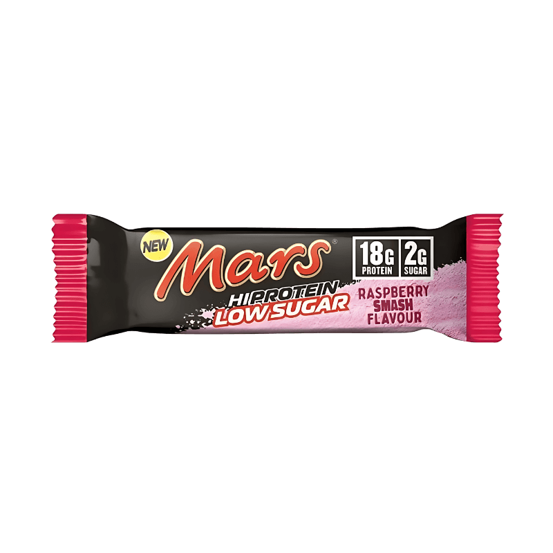 Barre Mars Hi Protein Low Sugar saveur framboise en emballage noir et rose indiquant 18 g de protéines et seulement 2 g de sucre
