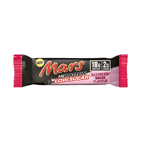 Barre Mars Hi Protein Low Sugar saveur framboise en emballage noir et rose indiquant 18 g de protéines et seulement 2 g de sucre