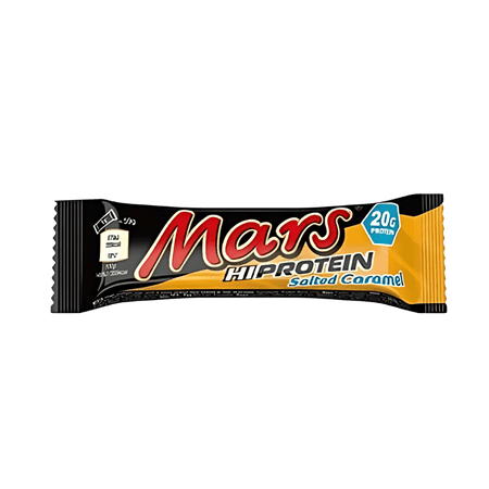 Barre Mars Hi Protein Salted Caramel en emballage noir, jaune et bleu avec mention 20 g de protéines et saveur caramel salé