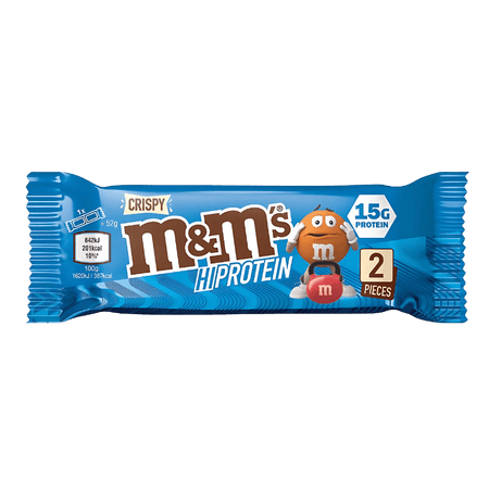 Barre protéinée M&M’s Hi Protein Crispy en emballage bleu indiquant 15 g de protéines et deux pièces croquantes fourrées de M&M’s croustillants