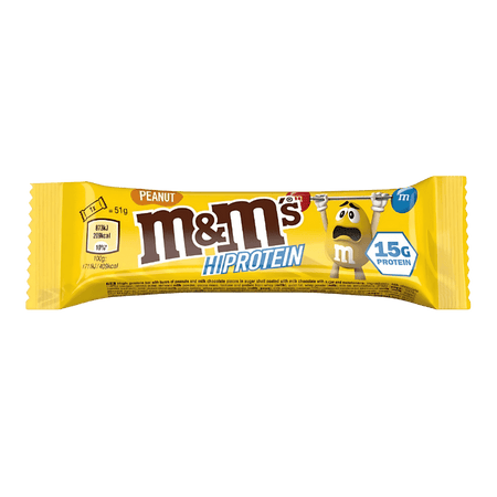 Barre protéinée M&M’s Hi Protein Peanut en emballage jaune avec la mascotte jaune tenant une barre de musculation et mention 15 g de protéines