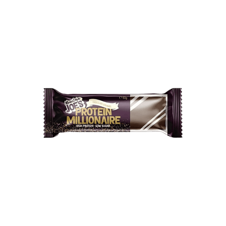 Barre protéinée Mountain Joe’s Protein Millionaire saveur chocolat caramel, emballage violet avec inscription high protein low sugar et barre nappée de chocolat au lait