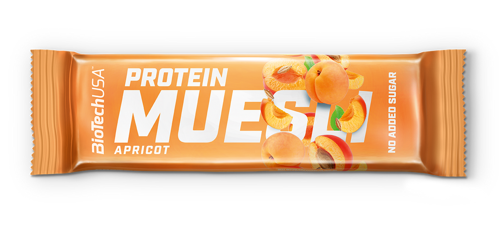 Barre Protein Muesli BiotechUSA saveur abricot dans un emballage orange vif décoré de quartiers d’abricots, mention no added sugar bien visible