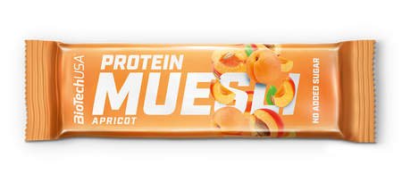 Barre Protein Muesli BiotechUSA saveur abricot dans un emballage orange vif décoré de quartiers d’abricots, mention no added sugar bien visible