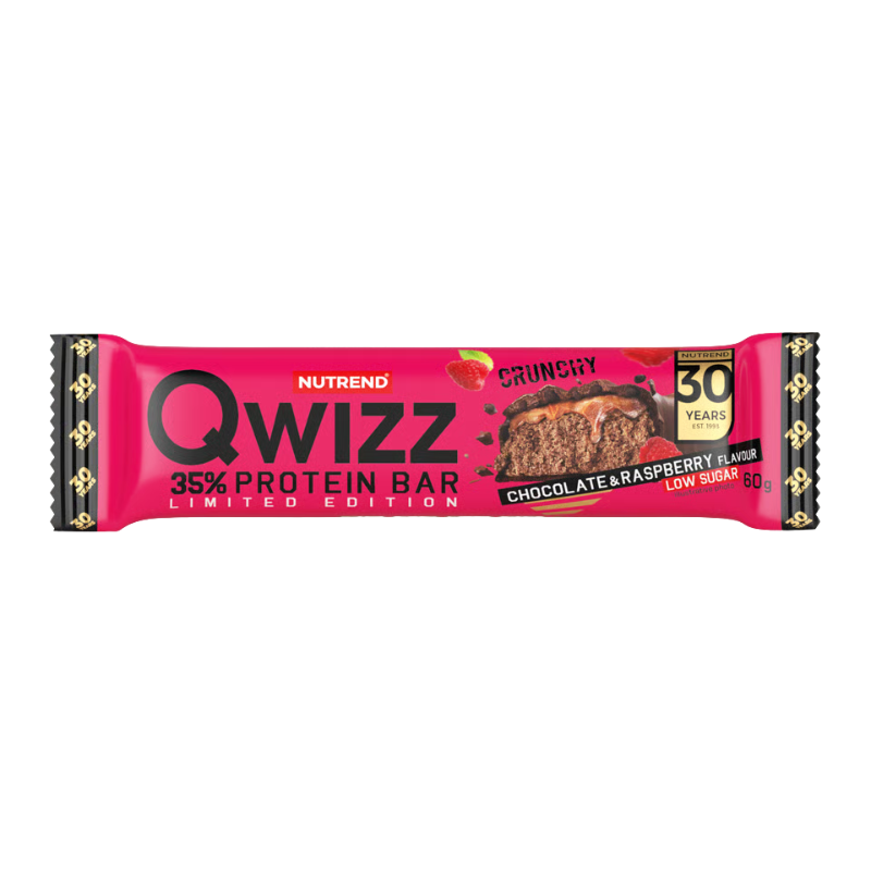 Barre protéinée Qwizz Nutrend 35% protéine saveur chocolat et framboise en emballage rose vif crunchy et low sugar, format 60 g