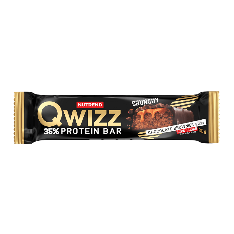 Barre Qwizz Nutrend 35% protéine saveur chocolate brownies en emballage noir et doré crunchy avec visuel de brownie chocolat et caramel, low sugar, 60 g
