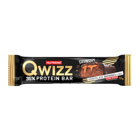 Barre Qwizz Nutrend 35% protéine saveur chocolate brownies en emballage noir et doré crunchy avec visuel de brownie chocolat et caramel, low sugar, 60 g
