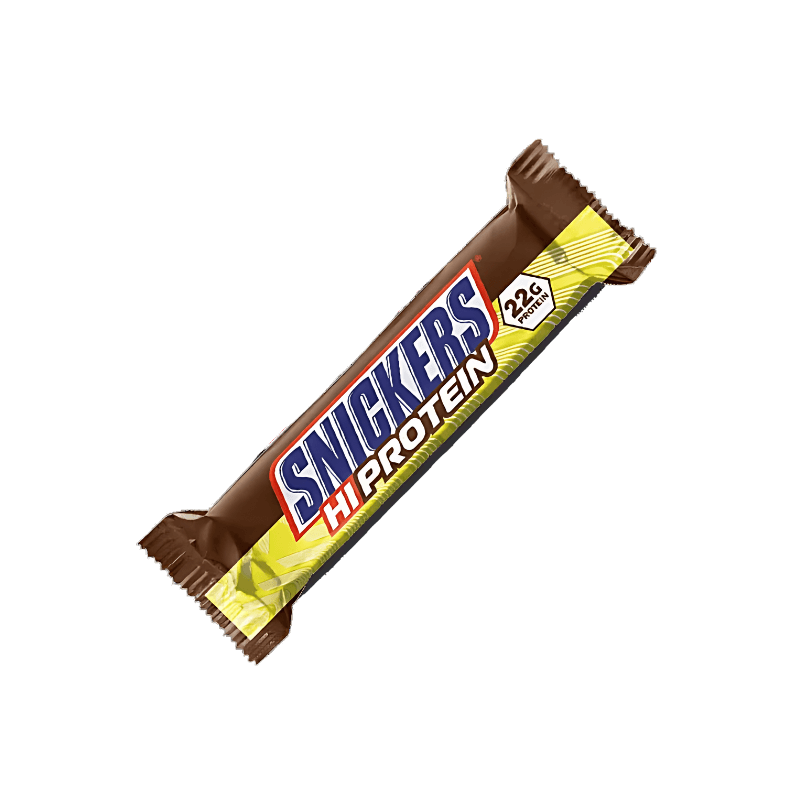 Barre Snickers Hi Protein originale en emballage marron et jaune indiquant 22 g de protéines