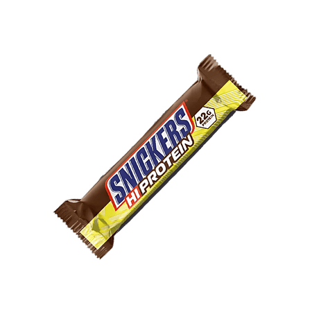 Barre Snickers Hi Protein originale en emballage marron et jaune indiquant 22 g de protéines