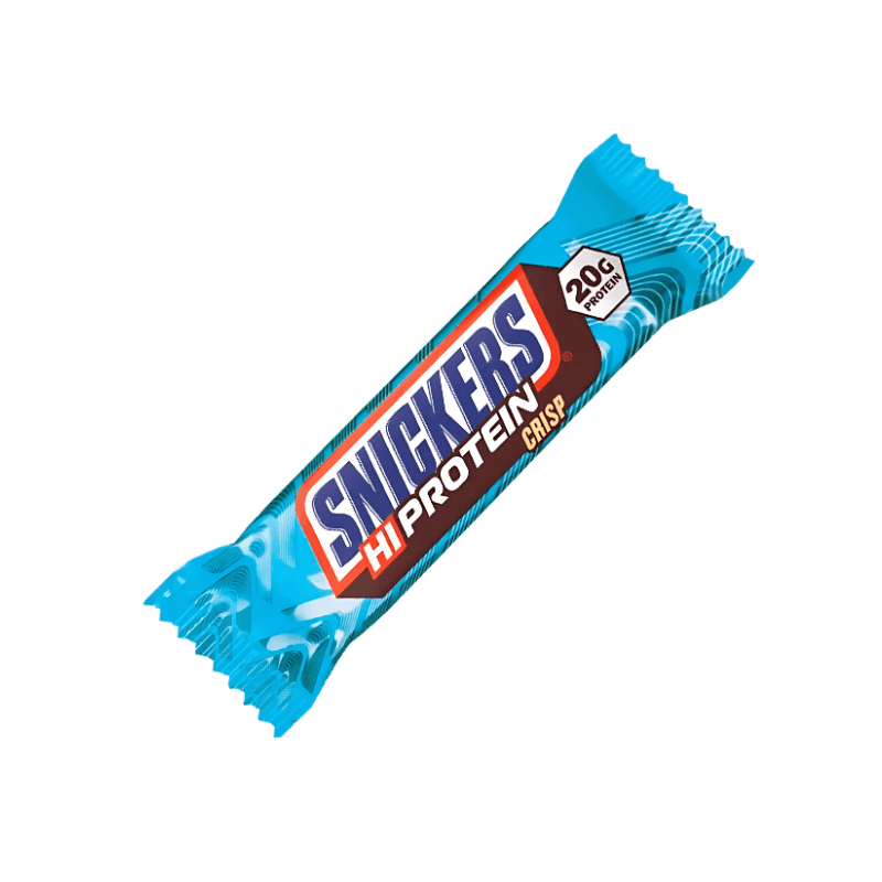 Barre Snickers Hi Protein Crisp en emballage bleu avec mention 20 g de protéines et texture croustillante