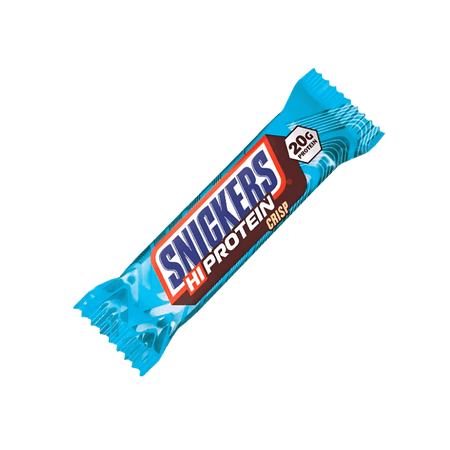 Barre Snickers Hi Protein Crisp en emballage bleu avec mention 20 g de protéines et texture croustillante