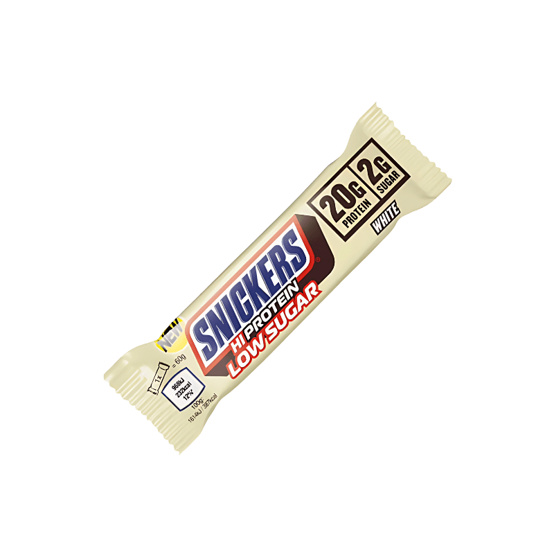 Barre Snickers Hi Protein White Low Sugar en emballage beige indiquant 20 g de protéines et 2 g de sucre, inspirée du Snickers chocolat blanc