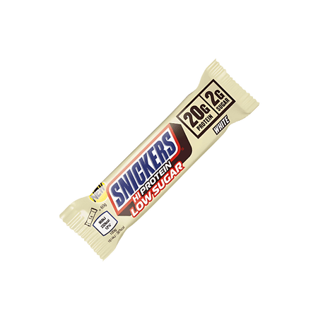 Barre Snickers Hi Protein White Low Sugar en emballage beige indiquant 20 g de protéines et 2 g de sucre, inspirée du Snickers chocolat blanc