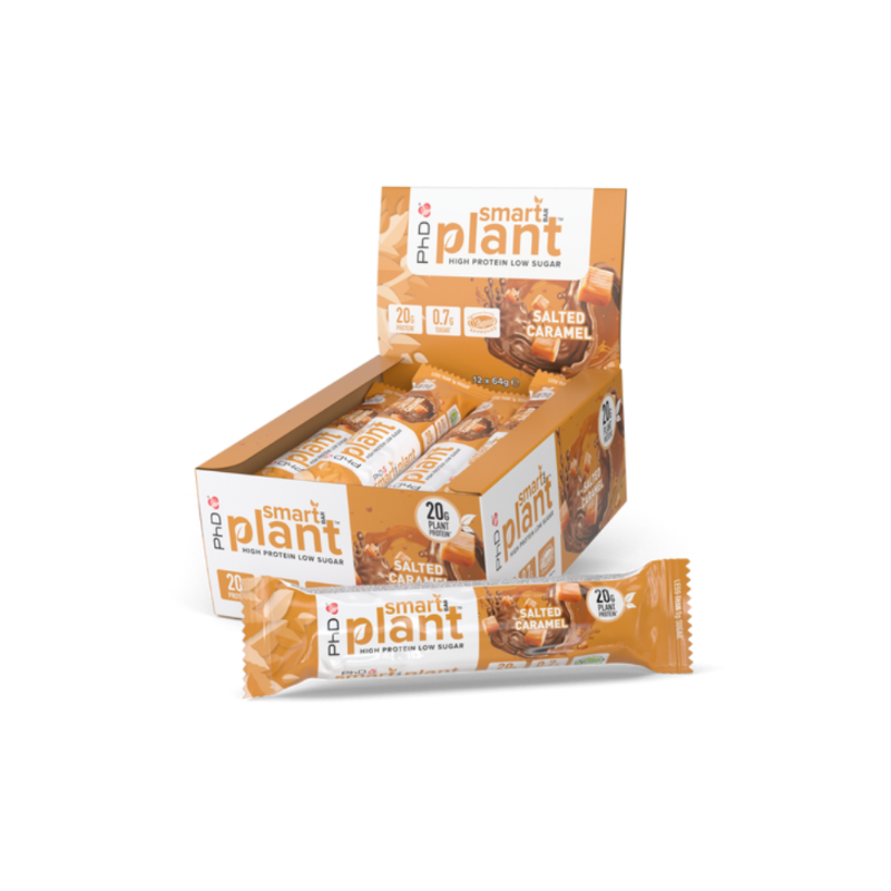 Boîte présentoir PHD Smart Plant Salted Caramel contenant 12 barres végétales de 64 g riches en protéines et pauvres en sucres