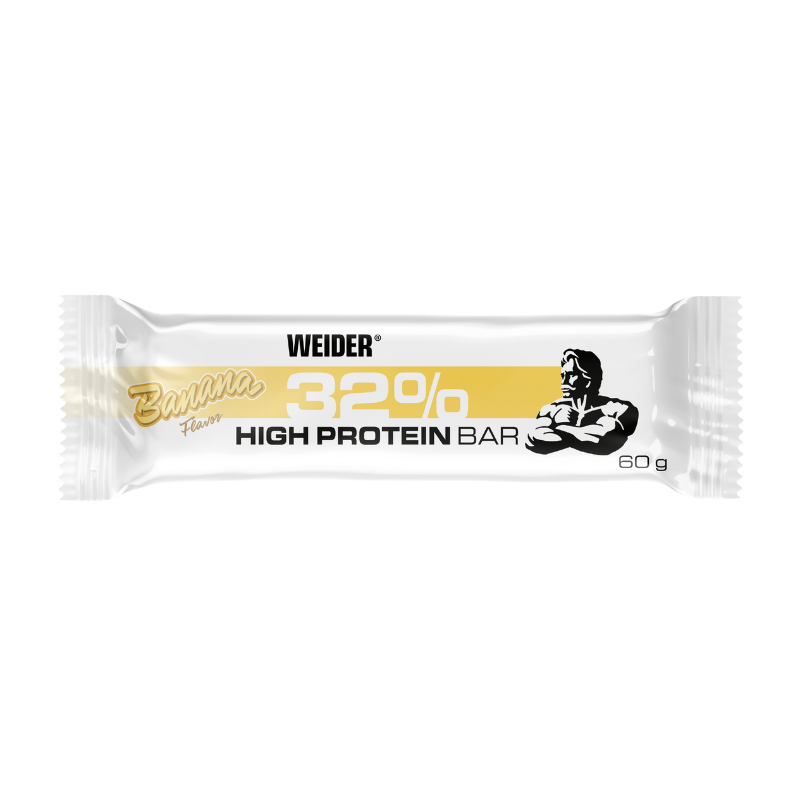 Barre protéinée Weider 32% saveur banane 60 g, emballage blanc et jaune avec illustration de bodybuilder et indication high protein bar