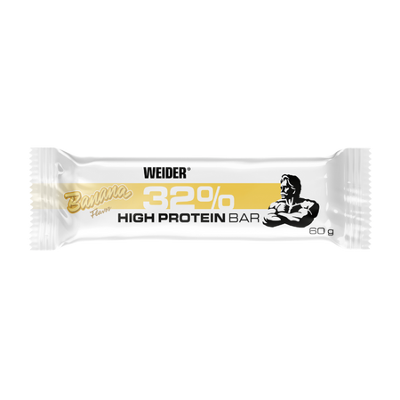 Barre protéinée Weider 32% saveur banane 60 g, emballage blanc et jaune avec illustration de bodybuilder et indication high protein bar