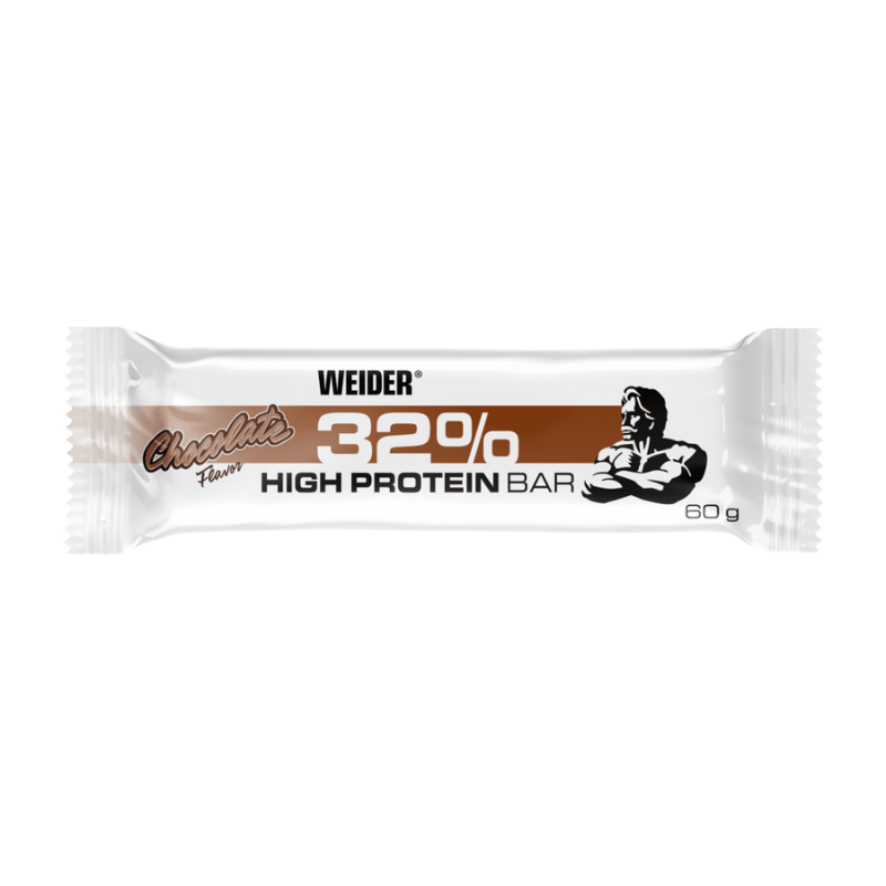 Barre protéinée Weider 32% saveur chocolat 60 g, emballage blanc et marron avec logo du bodybuilder, mention high protein bar en gros caractères