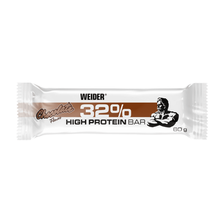 Barre protéinée Weider 32% saveur chocolat 60 g, emballage blanc et marron avec logo du bodybuilder, mention high protein bar en gros caractères