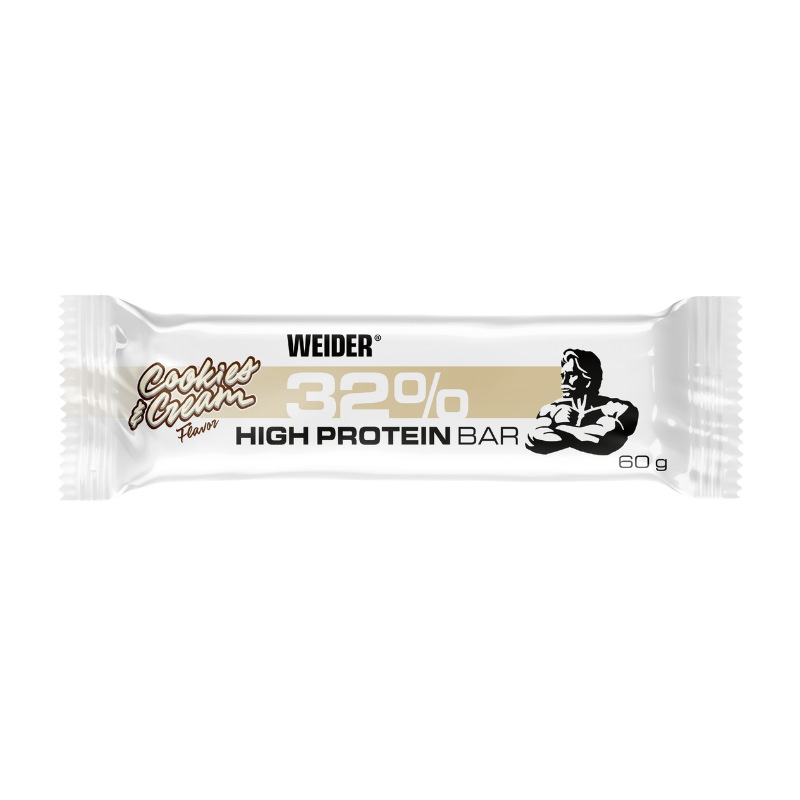 Barre protéinée Weider 32% saveur cookies and cream 60 g, emballage blanc et beige avec silhouette de bodybuilder et texte high protein bar