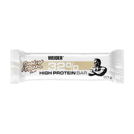 Barre protéinée Weider 32% saveur cookies and cream 60 g, emballage blanc et beige avec silhouette de bodybuilder et texte high protein bar