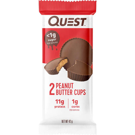 Barre Quest Nutrition 2 Peanut Butter Cups enrobage chocolat, 11g de protéines, moins de 1g sucre et 1g glucides par portion, 42g net