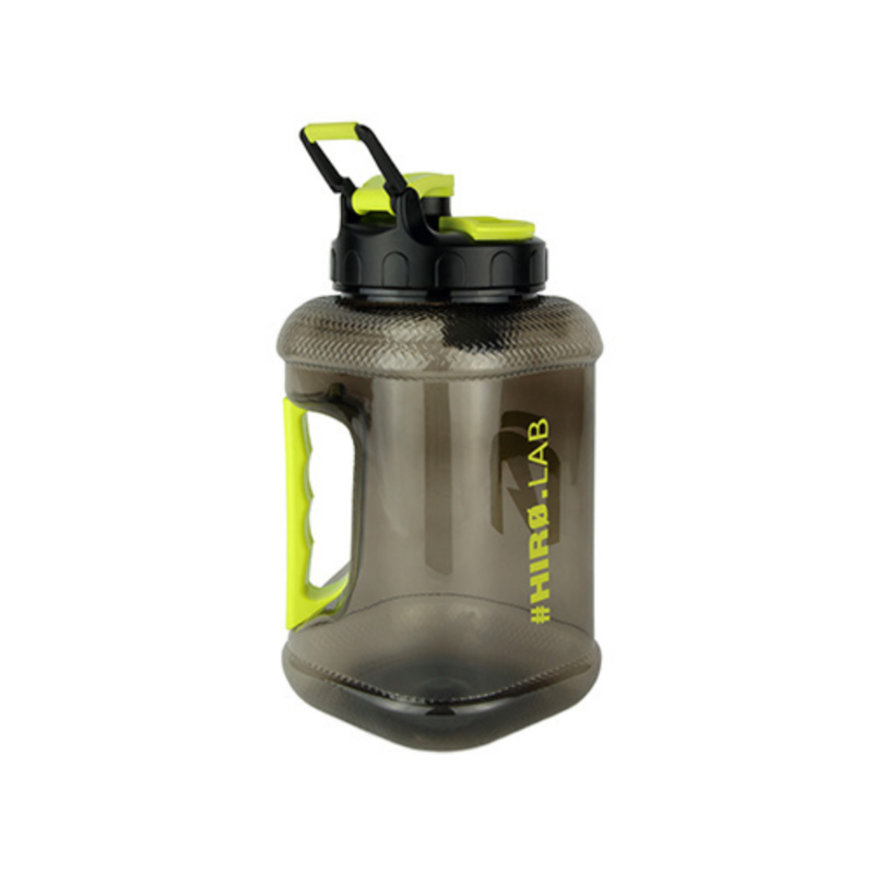 Bidon shaker HIRO.LAB 2,2 L fumé avec poignée jaune fluo intégrée et bouchon noir à clapet