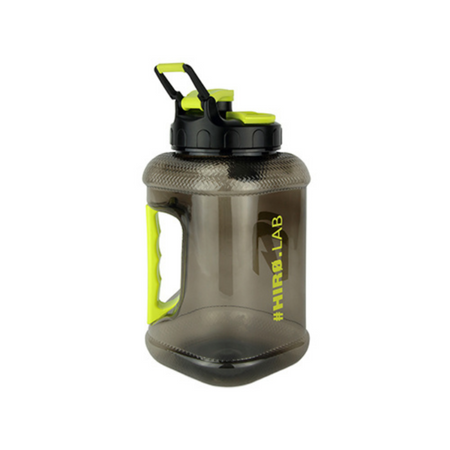 Bidon shaker HIRO.LAB 2,2 L fumé avec poignée jaune fluo intégrée et bouchon noir à clapet