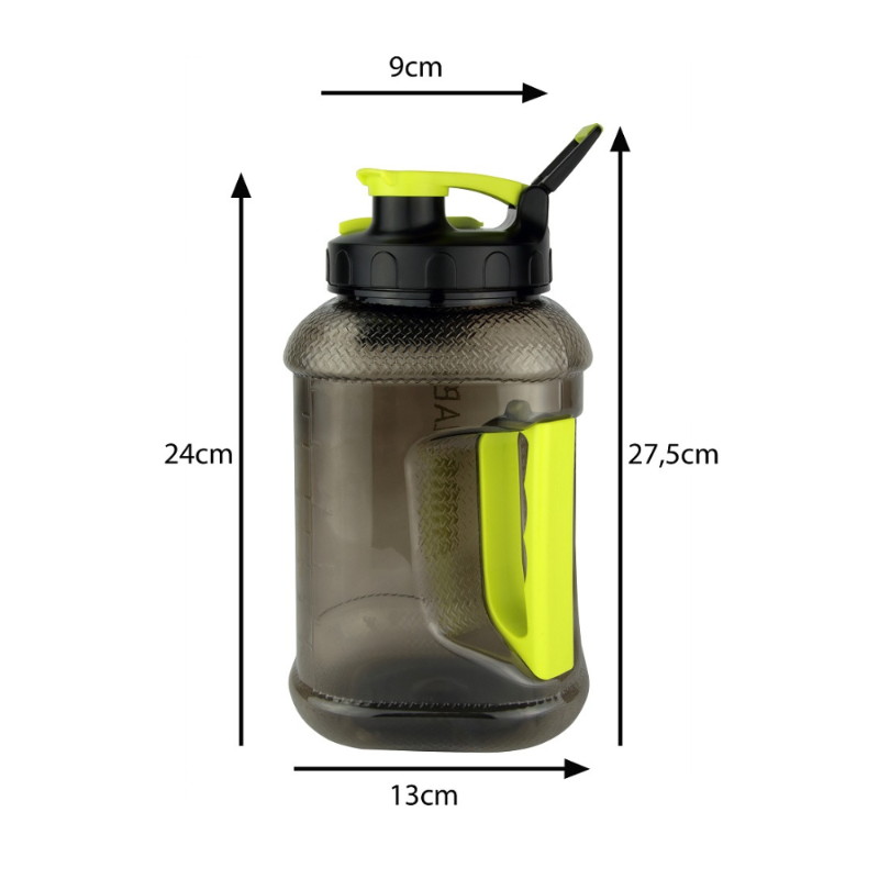 Schéma du bidon HIRO.LAB 2,2 L indiquant hauteur totale 27,5 cm, hauteur du corps 24 cm, diamètre 13 cm et largeur de goulot 9 cm