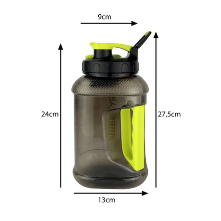 Schéma du bidon HIRO.LAB 2,2 L indiquant hauteur totale 27,5 cm, hauteur du corps 24 cm, diamètre 13 cm et largeur de goulot 9 cm