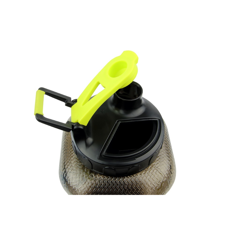 Vue du dessus du bidon HIRO.LAB montrant le large goulot ouvert et la poignée jaune fluo rabattable sur le couvercle noir