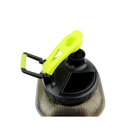 Vue du dessus du bidon HIRO.LAB montrant le large goulot ouvert et la poignée jaune fluo rabattable sur le couvercle noir