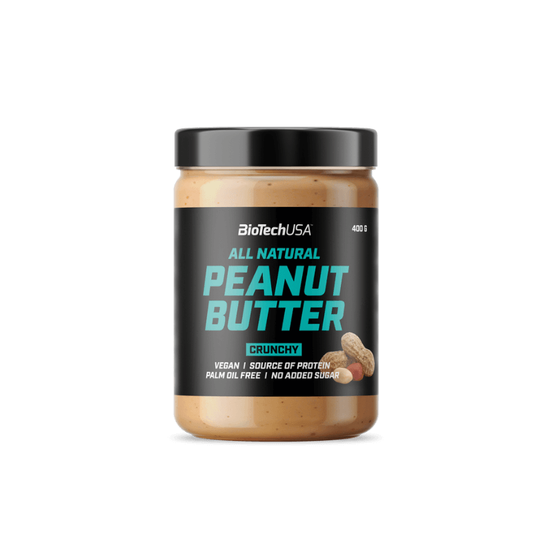 Pot de beurre de cacahuète BioTechUSA All Natural Peanut Butter Crunchy 400 g avec éclats de cacahuètes visibles et étiquette noire
