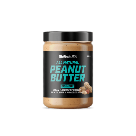 Pot de beurre de cacahuète BioTechUSA All Natural Peanut Butter Crunchy 400 g avec éclats de cacahuètes visibles et étiquette noire