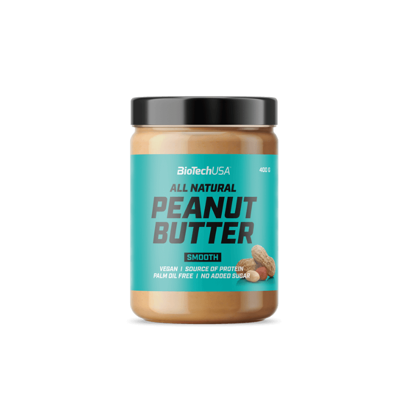 Pot de beurre de cacahuète BioTechUSA All Natural Peanut Butter Smooth 400 g avec couvercle noir et étiquette turquoise