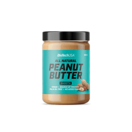 Pot de beurre de cacahuète BioTechUSA All Natural Peanut Butter Smooth 400 g avec couvercle noir et étiquette turquoise