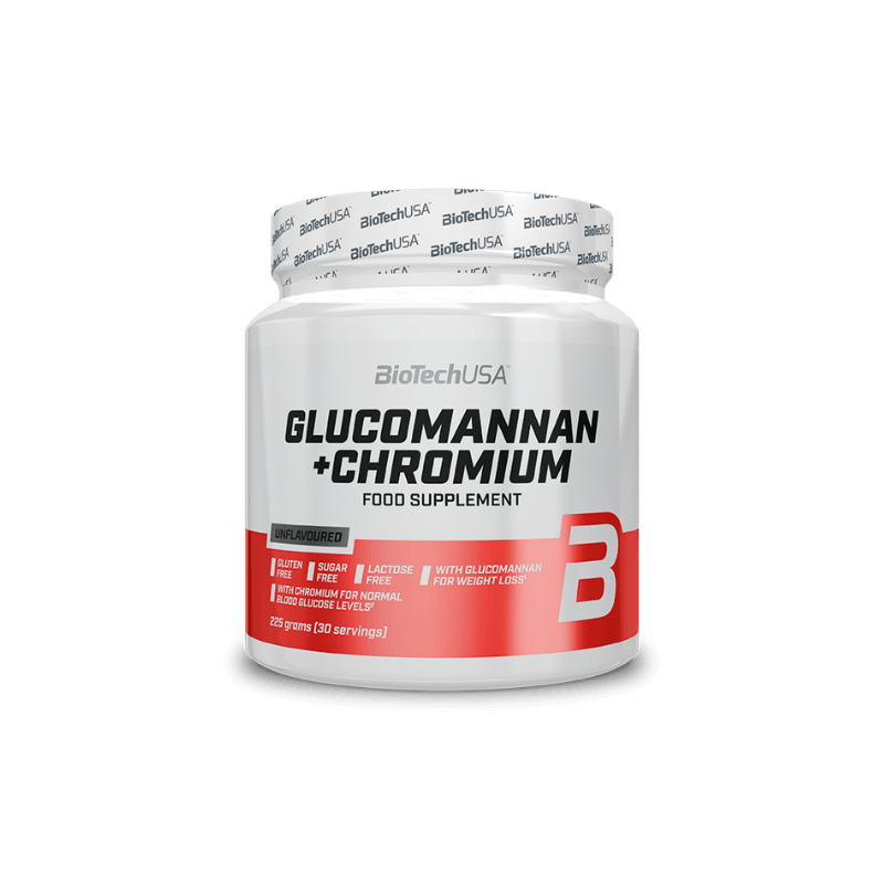 Pot de BioTechUSA Glucomannan + Chromium, supplément 225g, sans gluten ni sucre, 30 doses