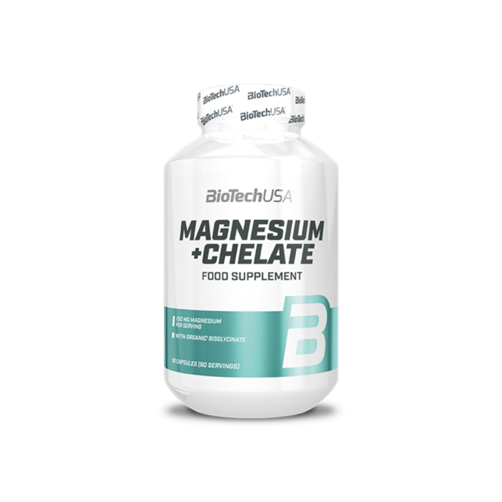 Pot BioTechUSA Magnesium + Chelate 60 gélules, 250mg de magnésium par dose sous forme bisglycinate pour réduire la fatigue et soutenir le système nerveux