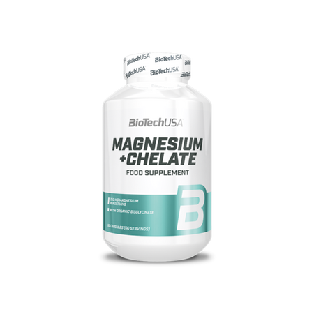Pot BioTechUSA Magnesium + Chelate 60 gélules, 250mg de magnésium par dose sous forme bisglycinate pour réduire la fatigue et soutenir le système nerveux